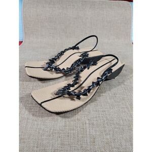 Asian Style Size 4-6 Thong Block Heel Black Faux Leather Slingback Sandals